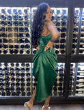 Spaghetti Straps Green Pleated Slit Prom Dress HZ1023