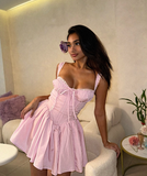 Cute Pink A Line Straps Lace Satin Short Homecoming Dress Outfits HZ1023