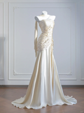 Ivory White Mermaid Spaghetti Straps Pleated Satin Long Prom Dress Party Dress HZ1023