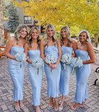 Simple Baby Blue Sheath Strapless Satin Long Bridesmaid Dress Evening Dress HZ1023