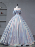 Off Shoulder Tulle Sequin Long Prom Dress Formal Quinceanera Dress Ball Gown HZ1023