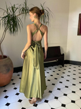 Green Sheath Halter Bow Satin Open Back Prom Dress Graduation Prom Dress HZ1023