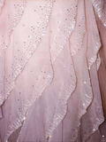 Gentle A Line Off the Shoulder Layered Rhinestone Beaded Pink Organza Long Party Dress HZ1023