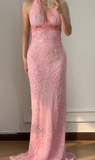 Vintage Sheath V Neck Beaded Pink Chiffon Long Prom Dress Evening Dress HZ1023