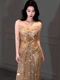 Golden Butterfly Mermaid Strapless Sequin Prom Dress Party Dress HZ1023