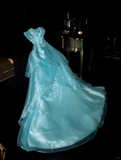 Classy A Line Strapless Beaded Layered Blue Organza Prom Dress Evening Dress HZ1023