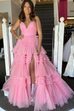 Light Champagne Slit Tulle Long Prom Dress Formal Dress HZ1023
