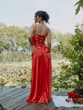 Sexy Mermaid Spaghetti Strap Red Satin Prom Dress Evening Dress with Slit HZ1023