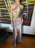 Simple A Line Halter Brown Satin Open Back Long Prom Dress Graduation Prom Dress with Slit HZ1023