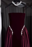 Classy A Line Strapless Pearl Dark Burgundy Velvet Satin Party Dress Wedding Guest Dress HZ1023
