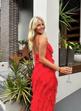 Red Sheath Spaghetti Straps Ruffles Chiffon Prom Dress Evening Dress with Slit HZ1023