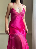 Hot Pink Sexy A Line Spaghetti Strap Lace Satin Prom Dress Evening Dress HZ1023