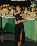 Sexy Sheath Halter Black Sequins Long Prom Dress Evening Dress with Slit HZ1023