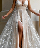 Stunning A Line Spaghetti Strap Star Sequin Tulle Long Prom Dress Evening Dress with Slit HZ1023