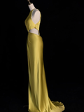 Yellow Sheath Halter Satin Open Back Prom Dress Graduation Prom Dress with Slit HZ1023