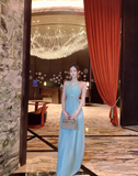 Gentle Baby Blue A Line Halter Beaded Chiffon Open Back Evening Dress Party Dress HZ1023