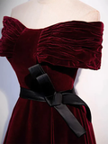 Burgundy Off The Shoulder Velvet Long Prom Dress HZ1023