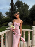 Elegant Sheath Strapless Pink Satin Prom Dress Evening Dress with Slit HZ1023