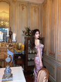 Sexy Purple Sheath Halter Satin Prom Dress Party Dresses with Slit HZ1023