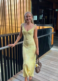 Light Yellow Sheath Straps Ruffle Print Floral Chiffon Evening Dress Outfits HZ1023