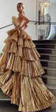 Luxurious Gold Strapless Pleated Irregular Neck Layered Prom Dress Ball Gown Quincea?era Party Dress HZ1023