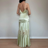Vintage Mermaid Spaghetti Strap Lace Green Satin Long Prom Dress Evening Dress HZ1023