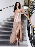 Stunning Mermaid Spaghetti Strap Chiffon Satin Long Prom Dress Evening Dress with Slit HZ1023