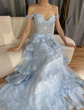 Blue A Line Off the Shoulder Appliques Tiered Petal Tulle Prom Dress Evening Dress HZ1023