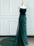 Green A Line Strapless Velvet Sequin Long Sweep Prom Dress Graduation Prom Dress HZ1023