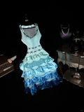 Cute A Line Beaded Layered Blue Ombre Satin Short Homecoming Dress Cocktail Dress HZ1023