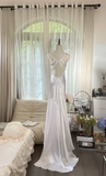 Classy Mermaid V Neck Beaded White Satin Long Open Back Party Dress Evening Dress HZ1023