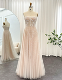 Elegant A Line Strapless Sequin Pearl Beaded Tulle Long Prom Dress Evening Dress HZ1023