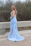 Elegant Light Blue Sequin Meramid Backless Prom Dress Evening Dress HZ1023