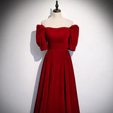 Simple A line Red Velvet Long Prom Dresses HZ1023