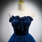 Navy Blue Tulle Strapless Prom Dresses Sexy Evening Dress HZ1023