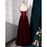 Simple A line Velvet Red Long Prom Dresses HZ1023