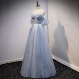 Cute A Line Off the Shoulder Dusty Blue Prom Dresses Sexy Evening Dress HZ1023
