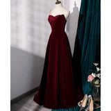 Simple A line Velvet Red Long Prom Dresses HZ1023