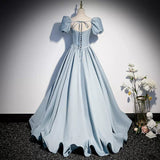 Simple A line Light Sky Blue Satin Long Prom Dresses HZ1023