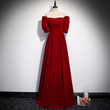 Simple A line Red Velvet Long Prom Dresses HZ1023