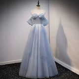 Cute A Line Off the Shoulder Dusty Blue Prom Dresses Sexy Evening Dress HZ1023