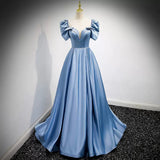 Simple A line Satin Light Sky Blue Long Prom Dresses HZ1023