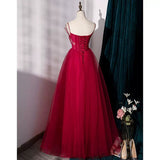 Simple A line Tulle Red Long Prom Dresses HZ1023