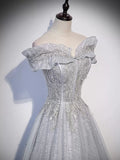Off The Shoulder Silver Sequin Prom Dresses HZ1023