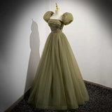 Simple A line Tulle Green Long Prom Dresses HZ1023