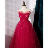 Simple A line Tulle Red Long Prom Dresses HZ1023