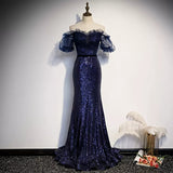 Mermaid Navy Blue Sequin Prom Dresses Sexy Evening Dress HZ1023