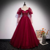 Simple A line Long Tulle Red Prom Dresses HZ1023