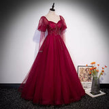 Simple A line Long Tulle Red Prom Dresses HZ1023