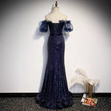 Mermaid Navy Blue Sequin Prom Dresses Sexy Evening Dress HZ1023